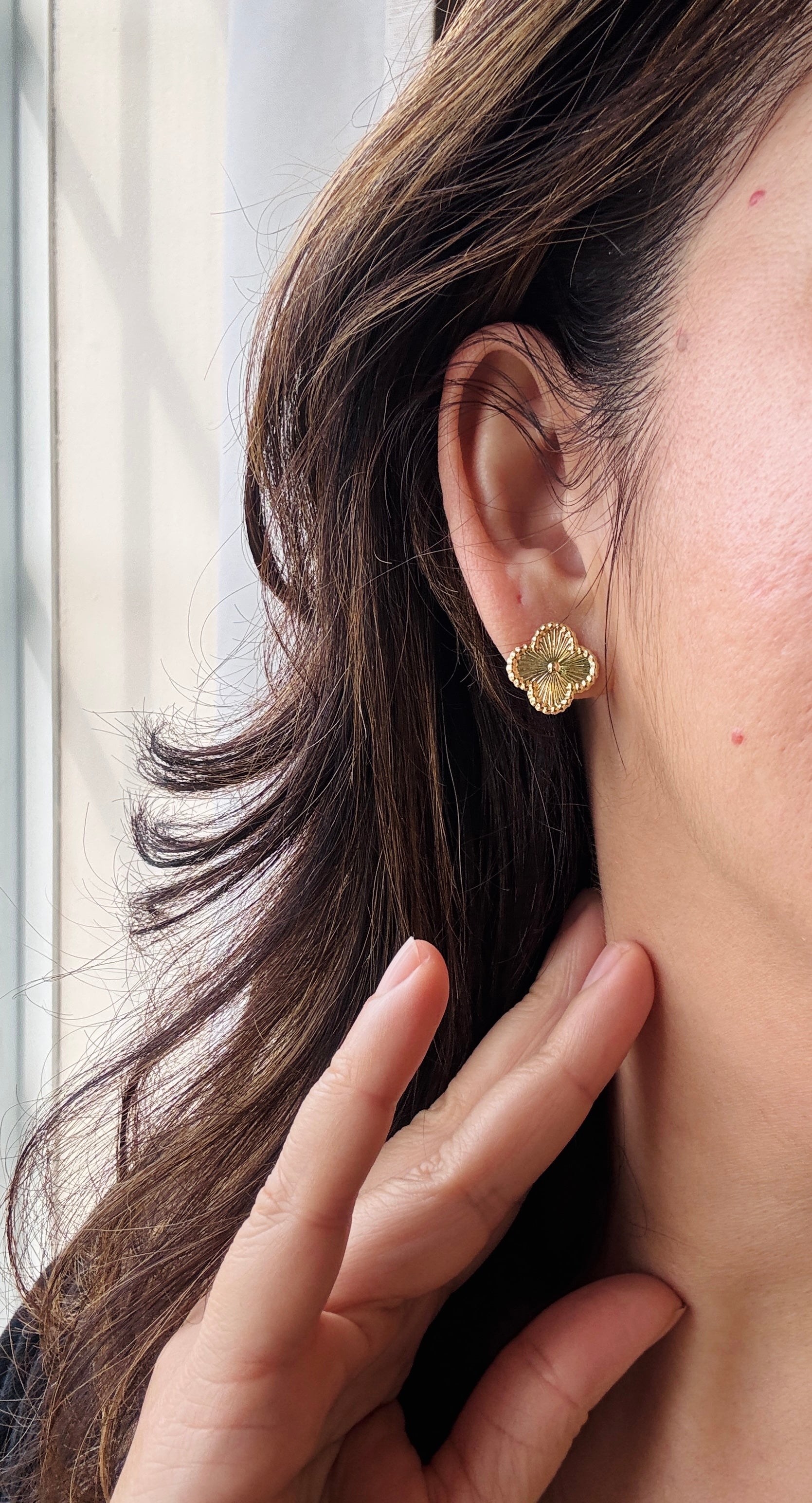 10K Gold Textured Clover Stud Earrings | Elegant Quatrefoil Sunburst Earrings