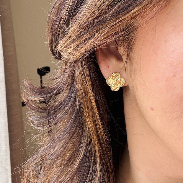 10K Gold Textured Clover Stud Earrings | Elegant Quatrefoil Sunburst Earrings