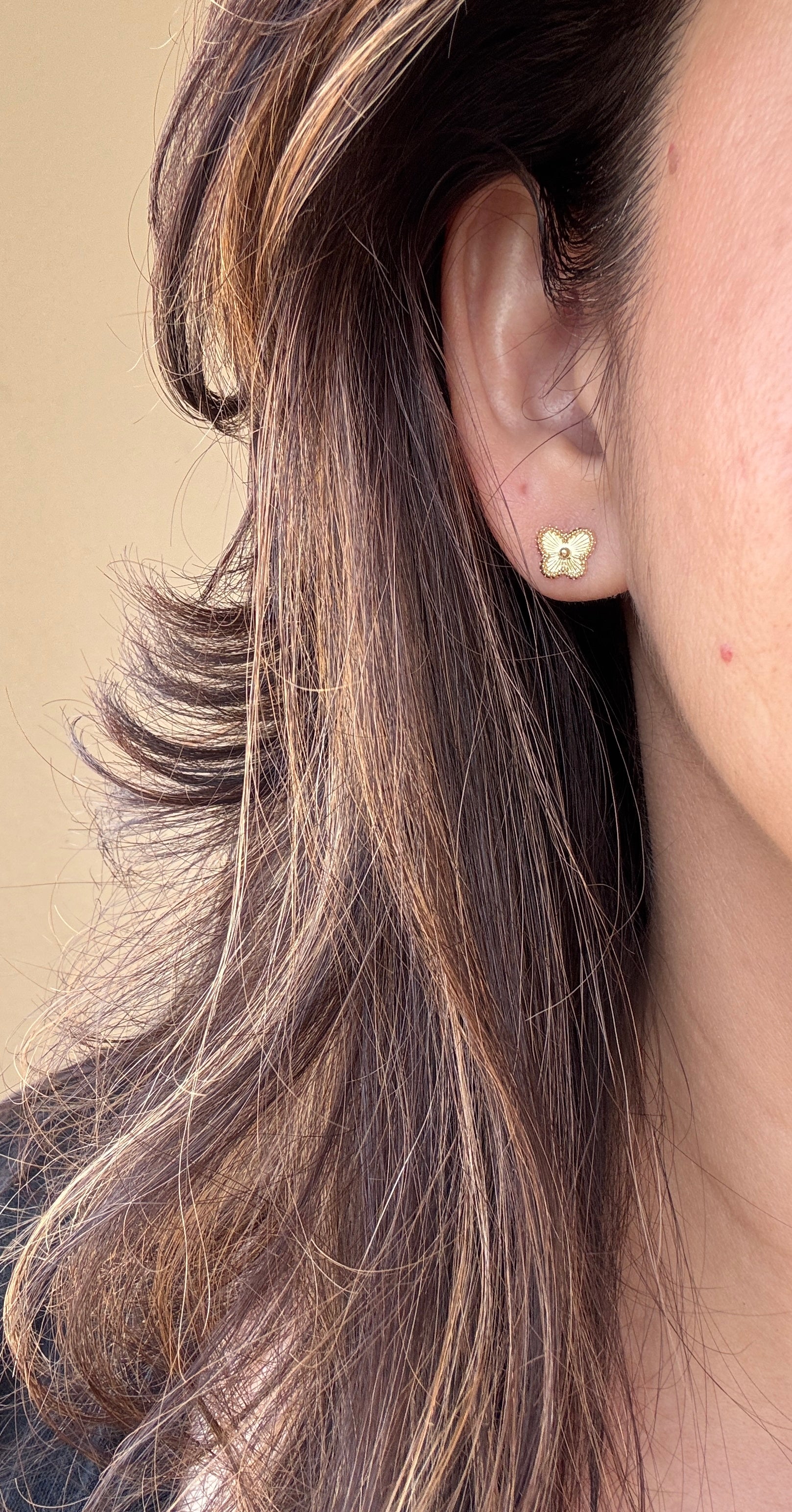 10K Gold Butterfly Stud Earrings – Textured Floral Design, Minimalist Everyday Gold Earrings, Dainty Gift for Her