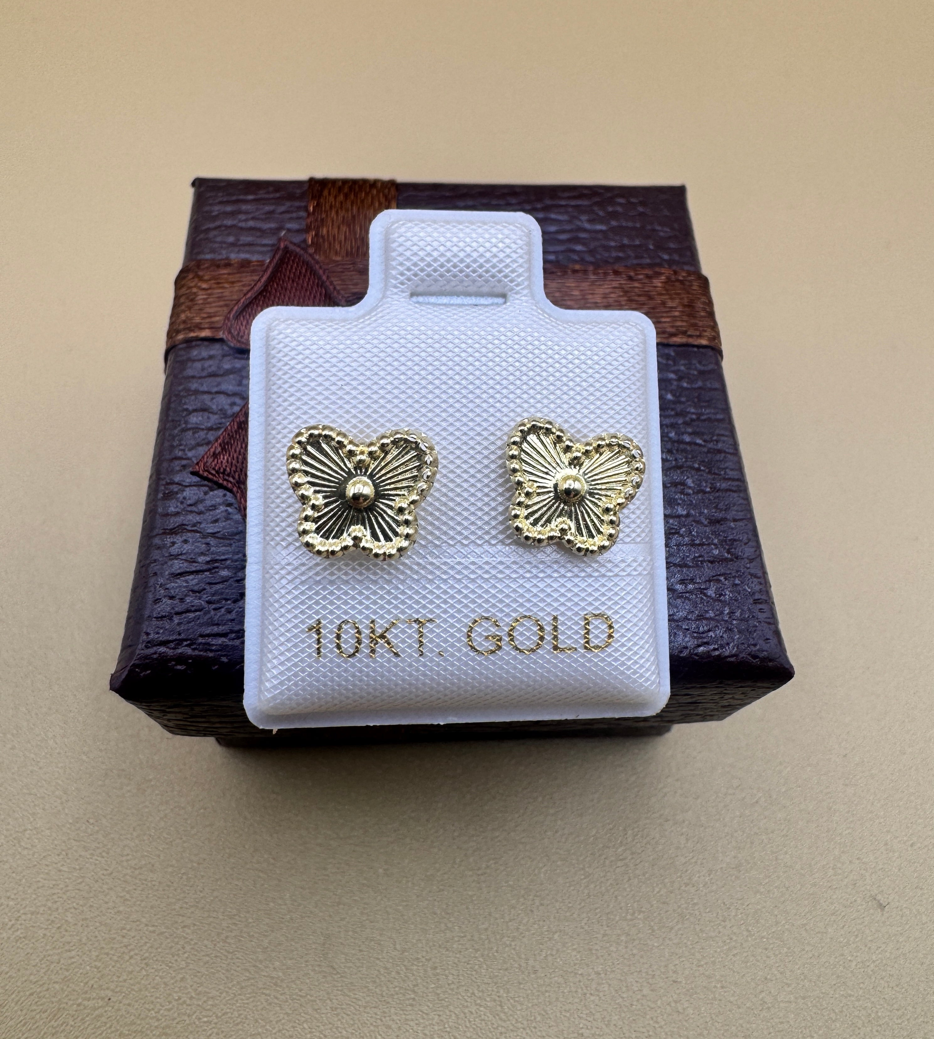 10K Gold Butterfly Stud Earrings – Textured Floral Design, Minimalist Everyday Gold Earrings, Dainty Gift for Her