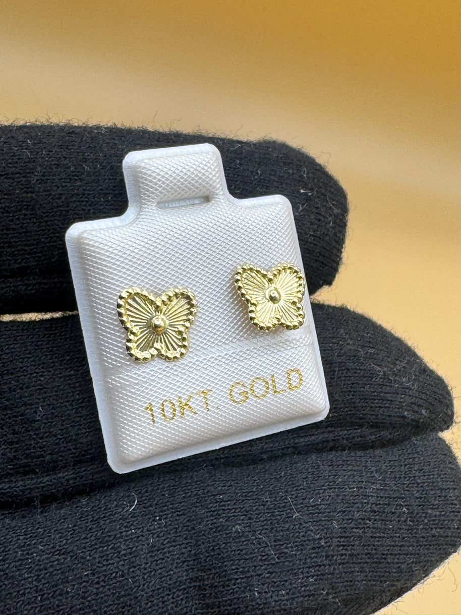 10K Gold Butterfly Stud Earrings – Textured Floral Design, Minimalist Everyday Gold Earrings, Dainty Gift for Her