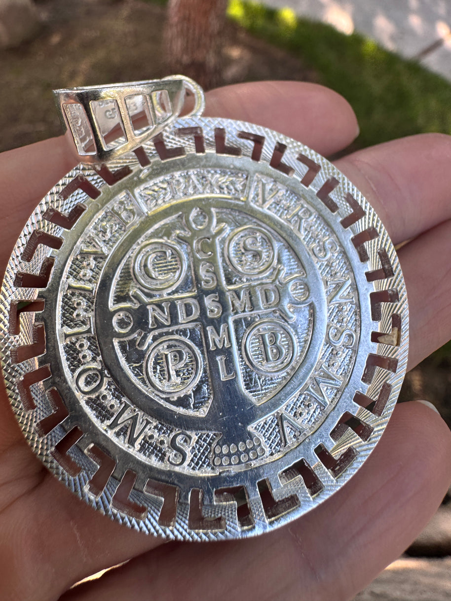 925 Sterling Silver Saint Benedict Medallion Pendant Large Round Religious Charm Protection Medal