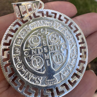 925 Sterling Silver Saint Benedict Medallion Pendant Large Round Religious Charm Protection Medal