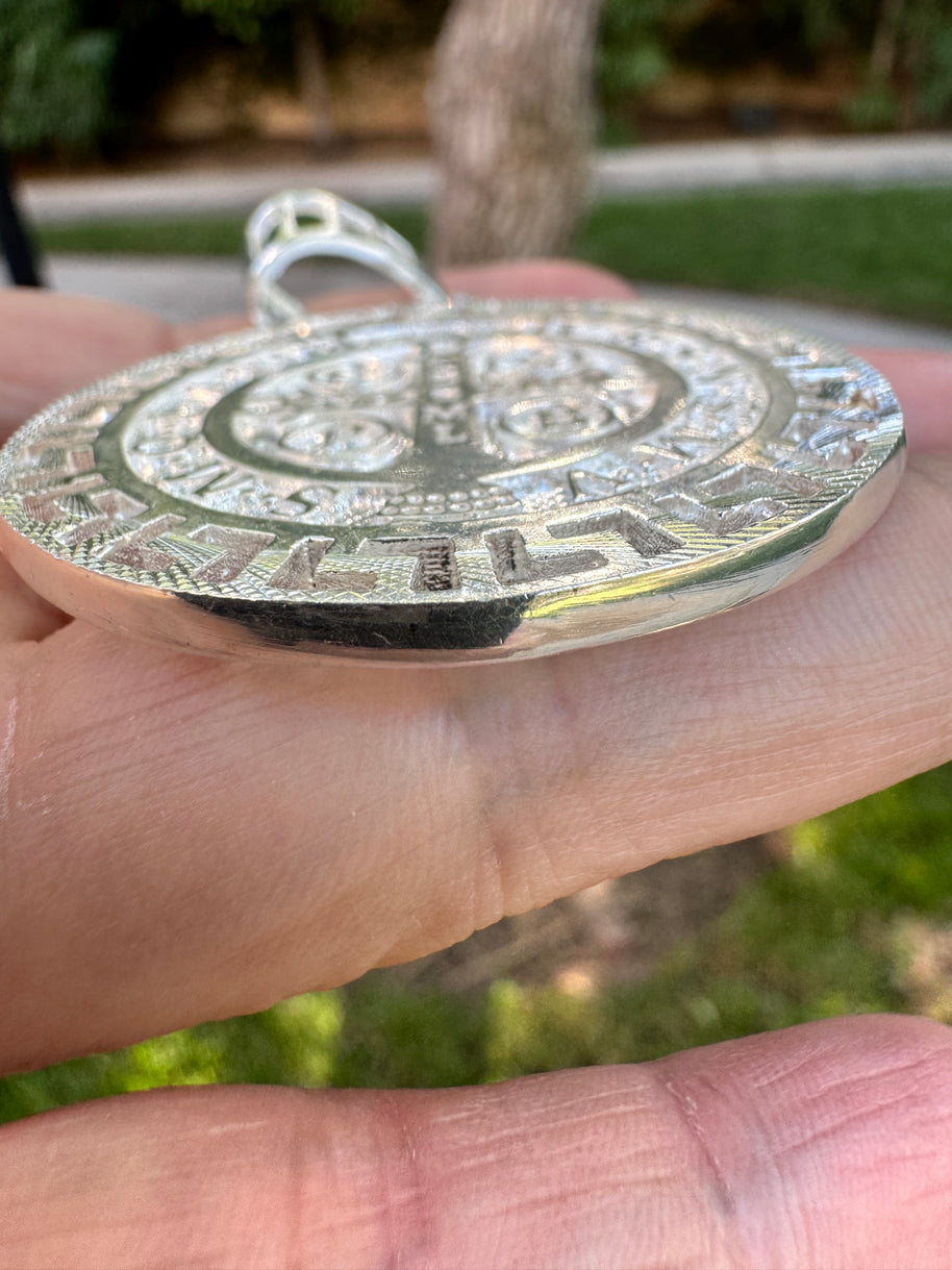 925 Sterling Silver Saint Benedict Medallion Pendant Large Round Religious Charm Protection Medal