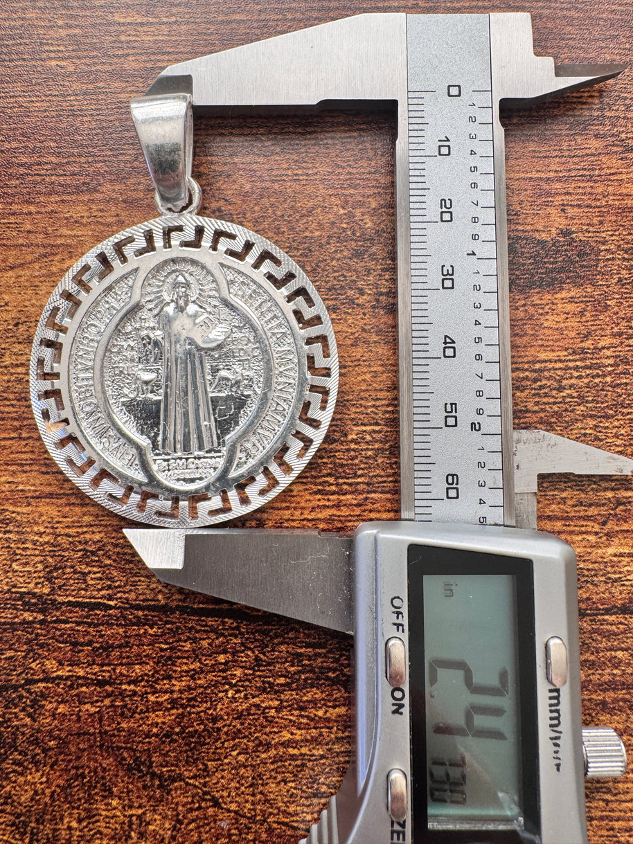 925 Sterling Silver Saint Benedict Medallion Pendant Large Round Religious Charm Protection Medal