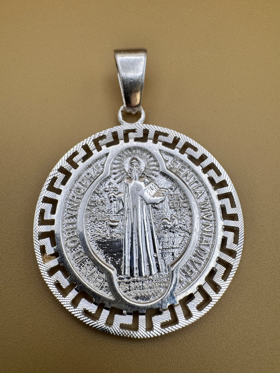 925 Sterling Silver Saint Benedict Medallion Pendant Large Round Religious Charm Protection Medal