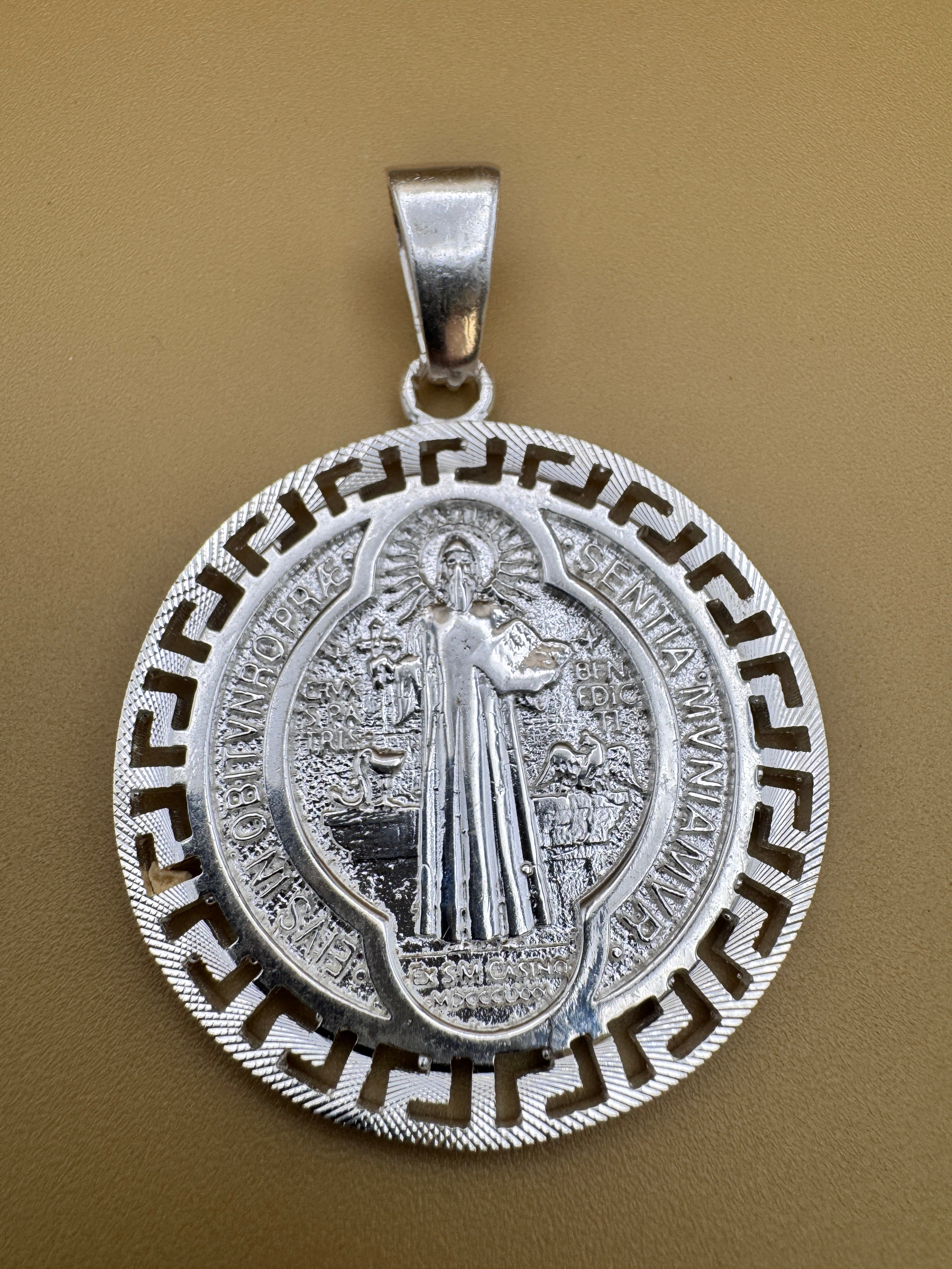 925 Sterling Silver Saint Benedict Medallion Pendant Large Round Religious Charm Protection Medal