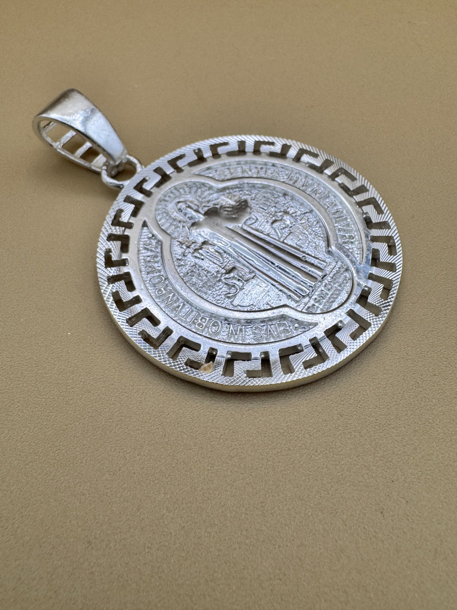 925 Sterling Silver Saint Benedict Medallion Pendant Large Round Religious Charm Protection Medal