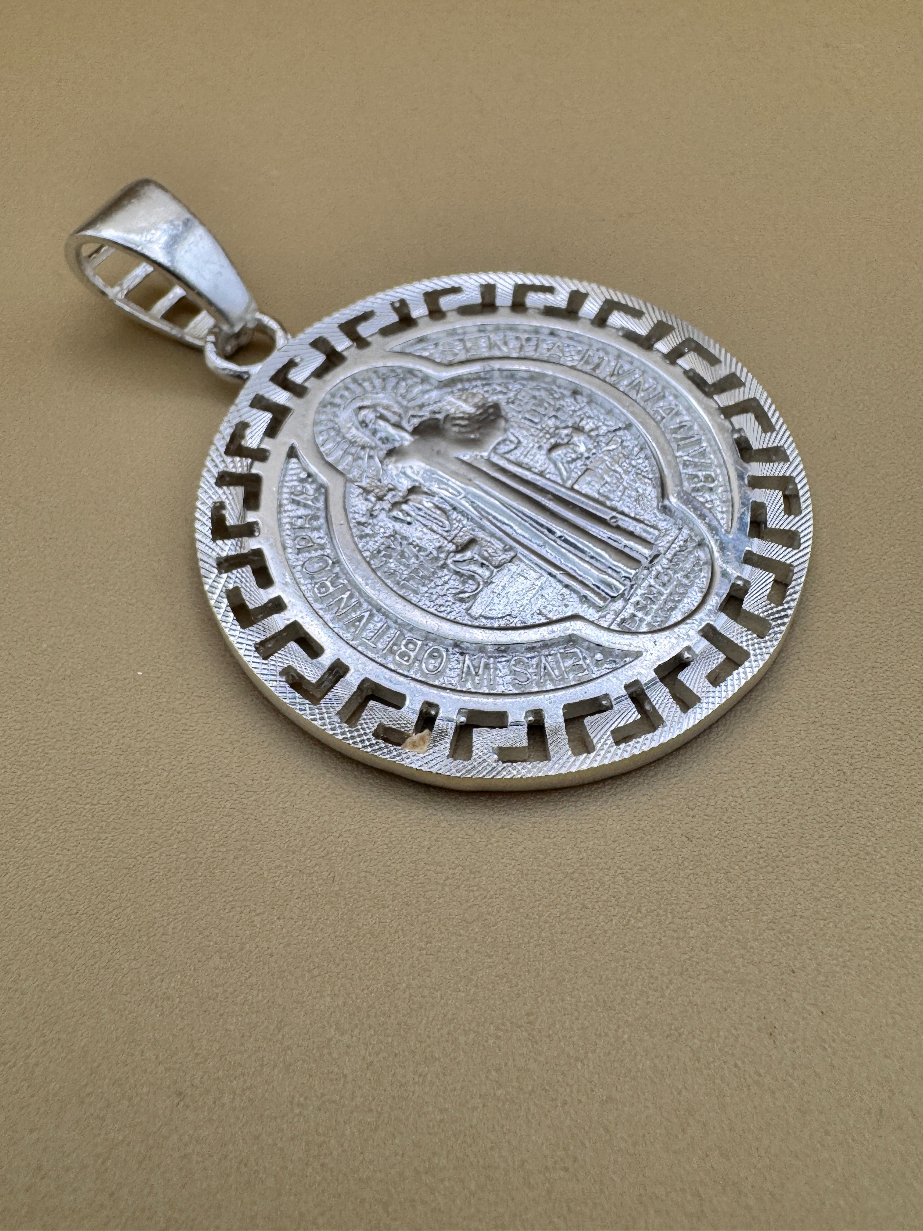 925 Sterling Silver Saint Benedict Medallion Pendant Large Round Religious Charm Protection Medal