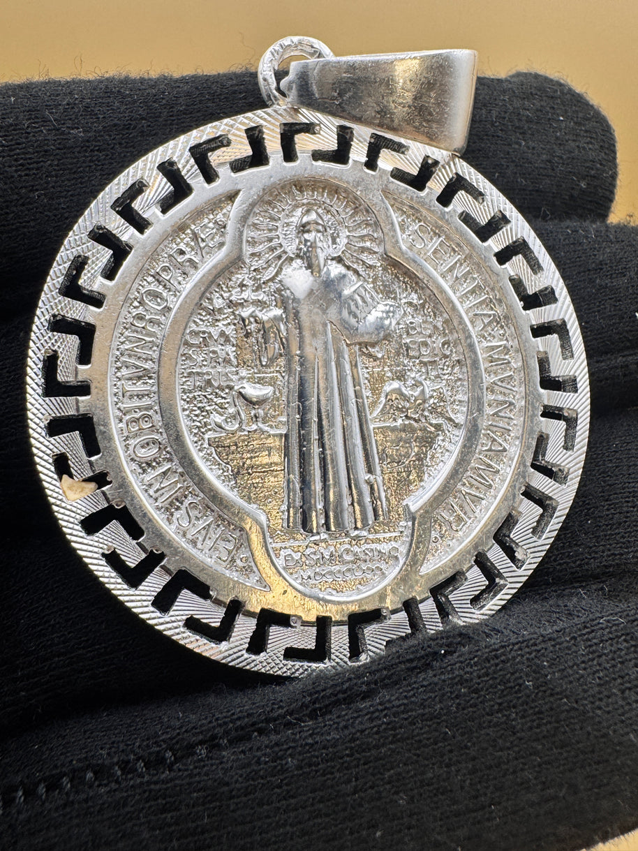 925 Sterling Silver Saint Benedict Medallion Pendant Large Round Religious Charm Protection Medal