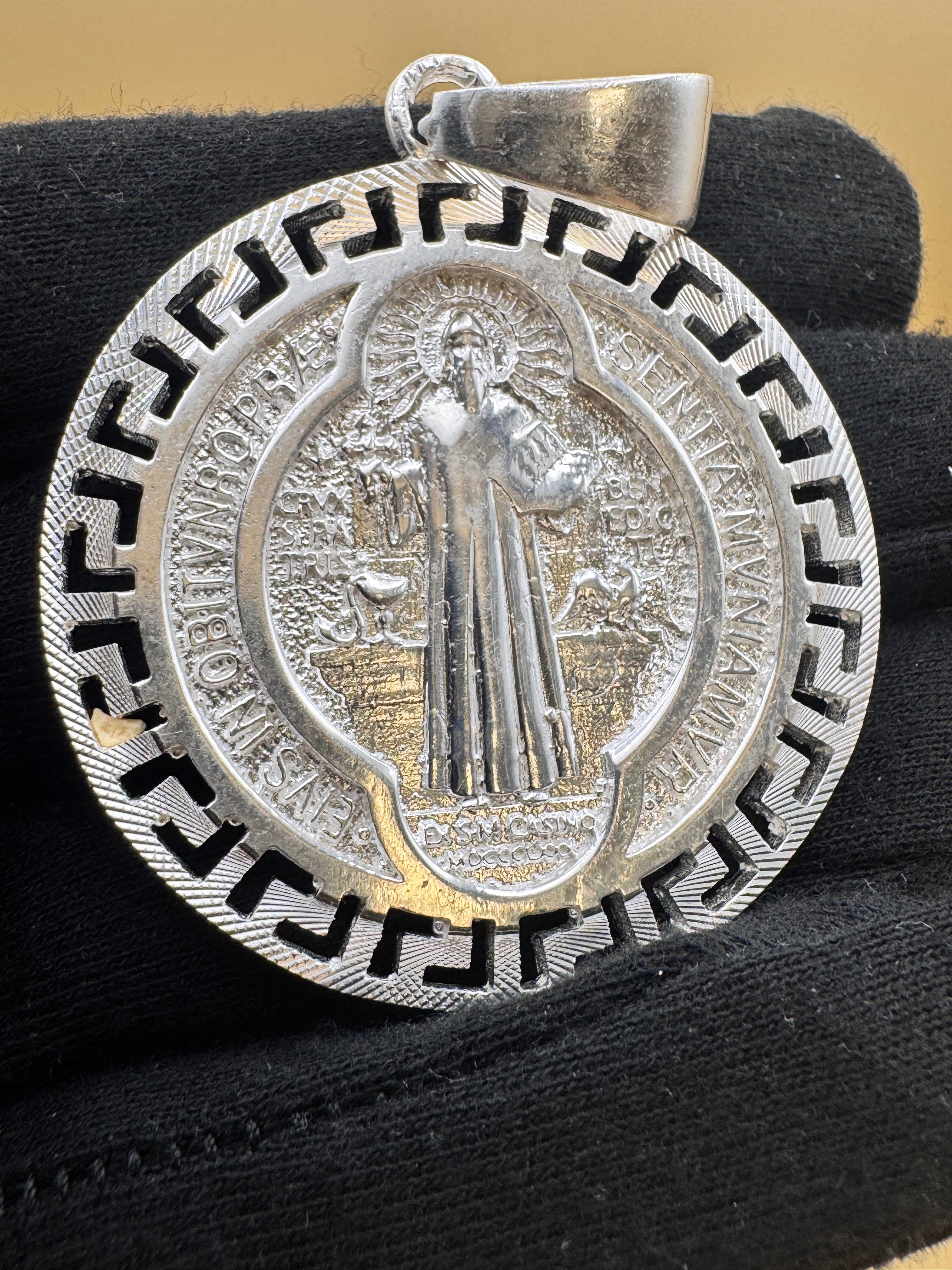 925 Sterling Silver Saint Benedict Medallion Pendant Large Round Religious Charm Protection Medal