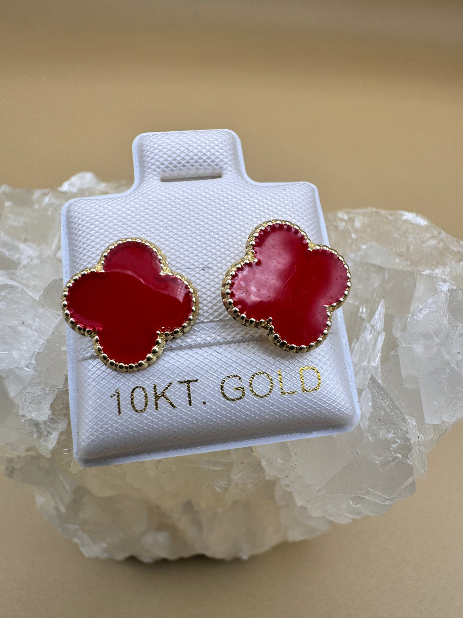 10K Gold Red Clover Elegant Floral Quatrefoil Earrings Studs