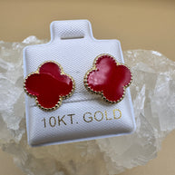10K Gold Red Clover Elegant Floral Quatrefoil Earrings Studs