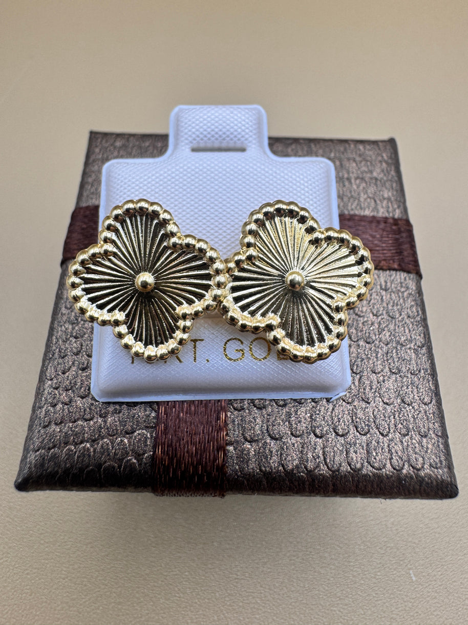 10K Gold Textured Clover Stud Earrings | Elegant Quatrefoil Sunburst Earrings