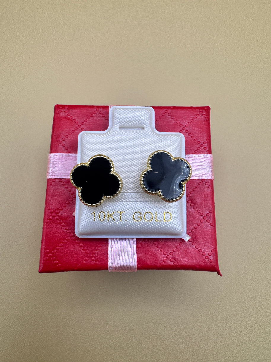10K Gold Red Clover Elegant Floral Quatrefoil Earrings Studs