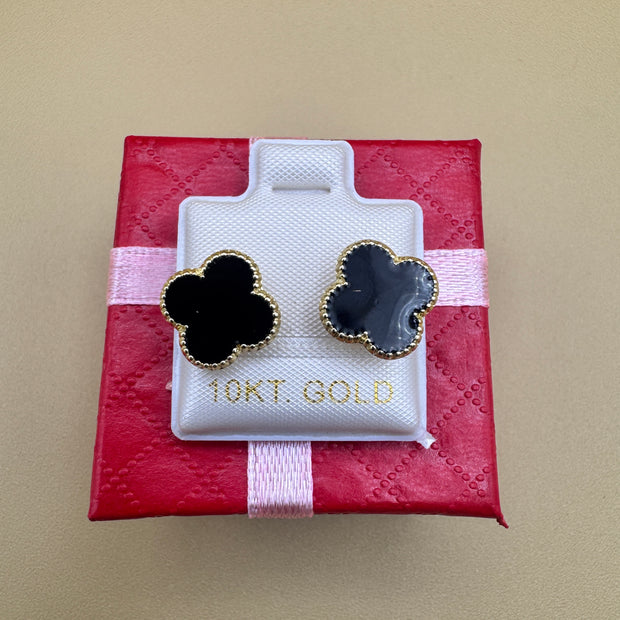 10K Gold Red Clover Elegant Floral Quatrefoil Earrings Studs