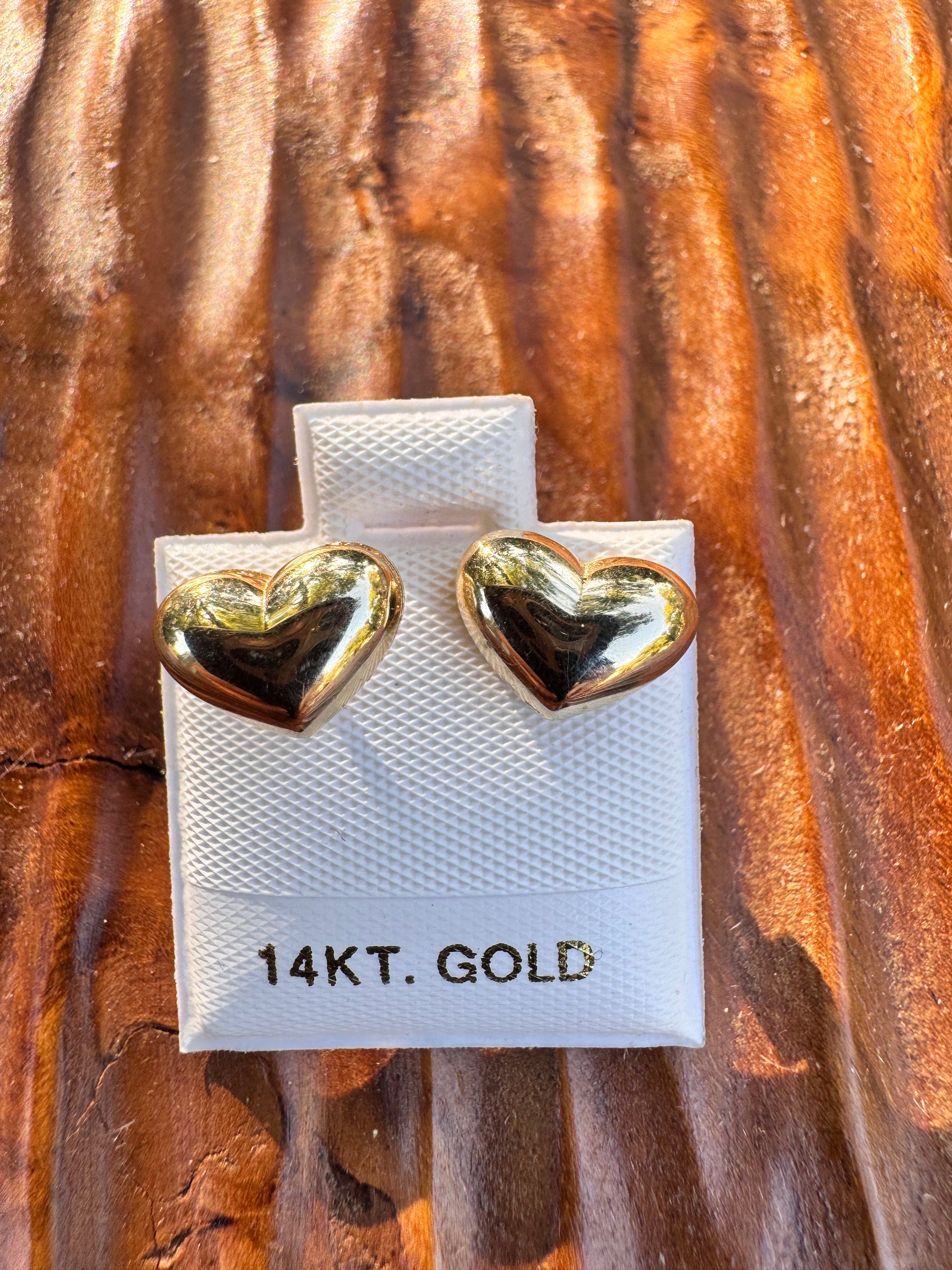 14k Gold Heart Stud Earrings Puffy Heart CZ Accent Earrings Vintage Style Love Earrings