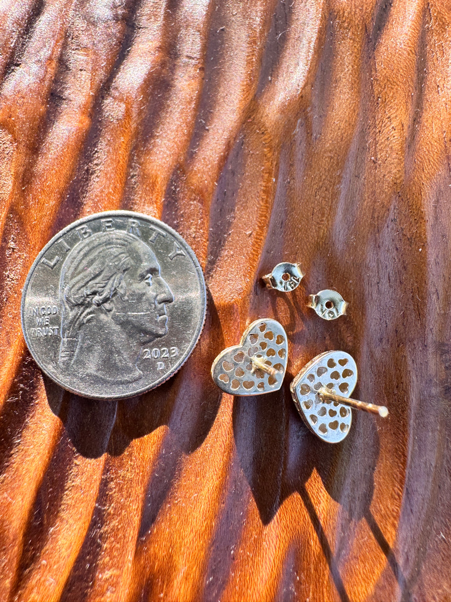 14k Gold Heart Stud Earrings Puffy Heart CZ Accent Earrings Vintage Style Love Earrings