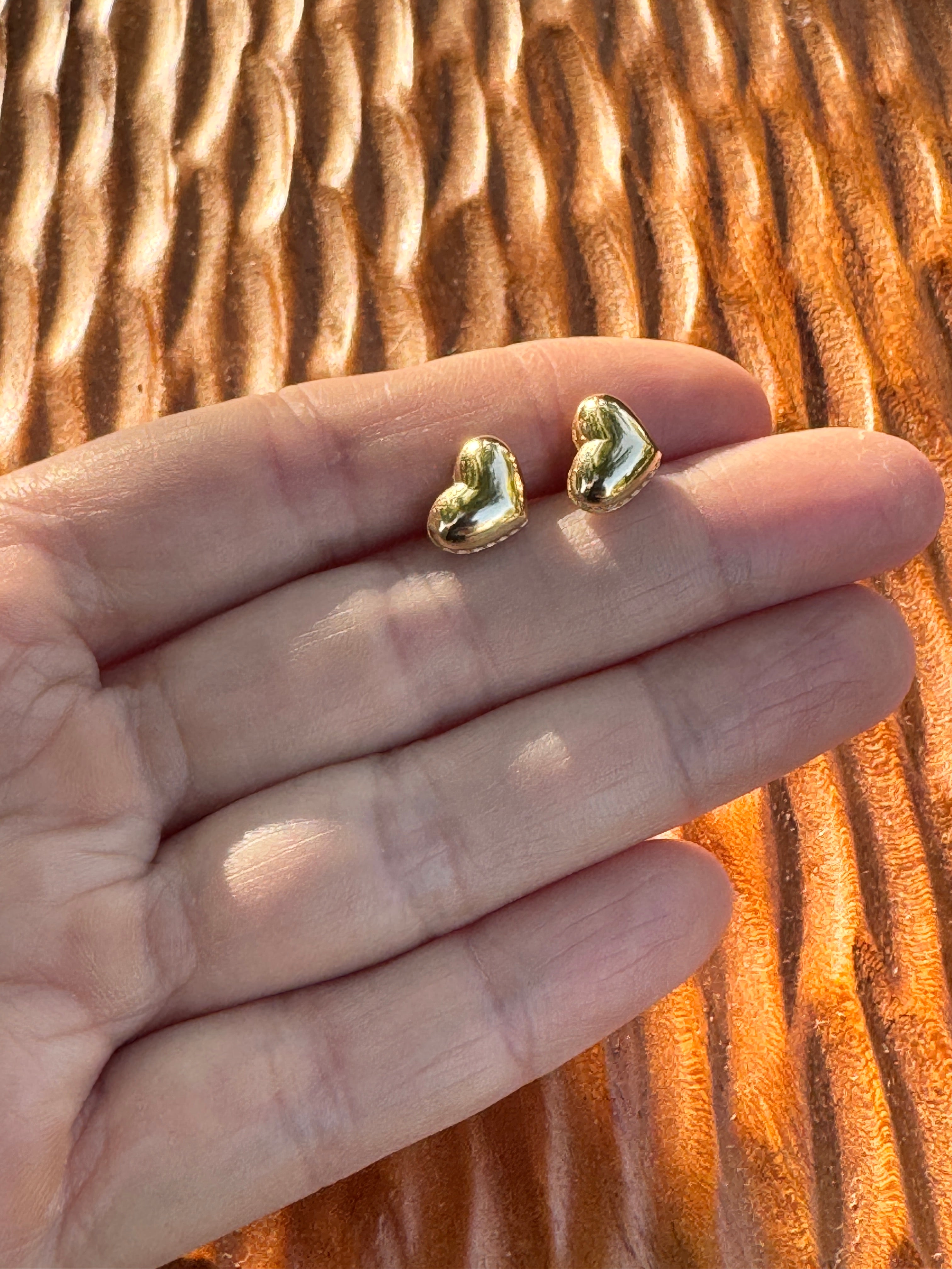 14k Gold Heart Stud Earrings Puffy Heart CZ Accent Earrings Vintage Style Love Earrings