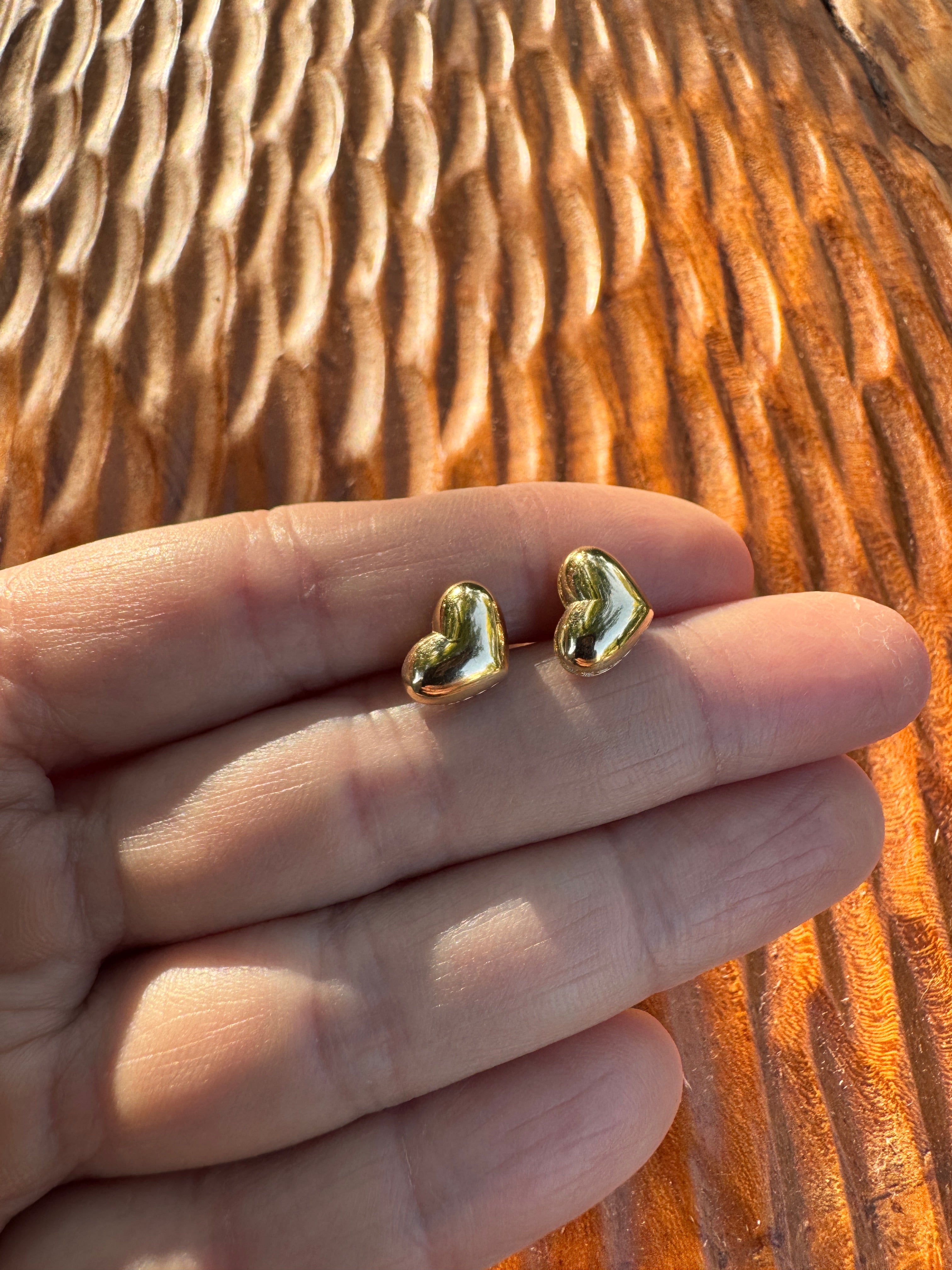 14k Gold Heart Stud Earrings Puffy Heart CZ Accent Earrings Vintage Style Love Earrings