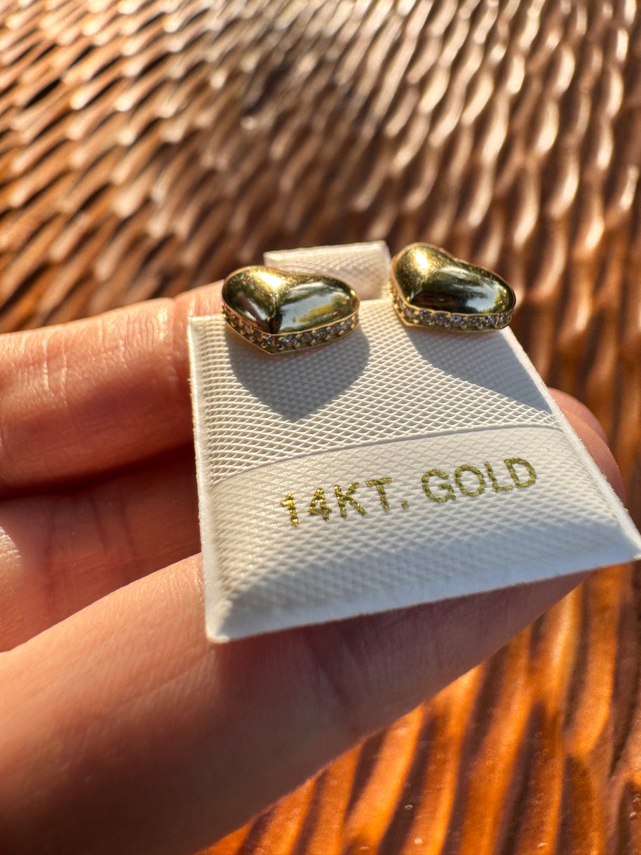 14k Gold Heart Stud Earrings Puffy Heart CZ Accent Earrings Vintage Style Love Earrings