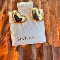 14k Gold Heart Stud Earrings Puffy Heart CZ Accent Earrings Vintage Style Love Earrings