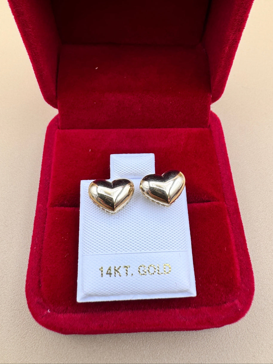 14k Gold Heart Stud Earrings Puffy Heart CZ Accent Earrings Vintage Style Love Earrings