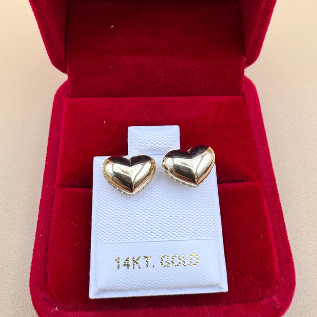 14k Gold Heart Stud Earrings Puffy Heart CZ Accent Earrings Vintage Style Love Earrings