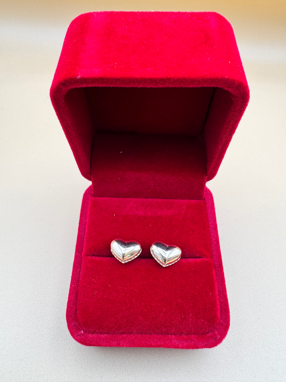 14k Gold Heart Stud Earrings Puffy Heart CZ Accent Earrings Vintage Style Love Earrings