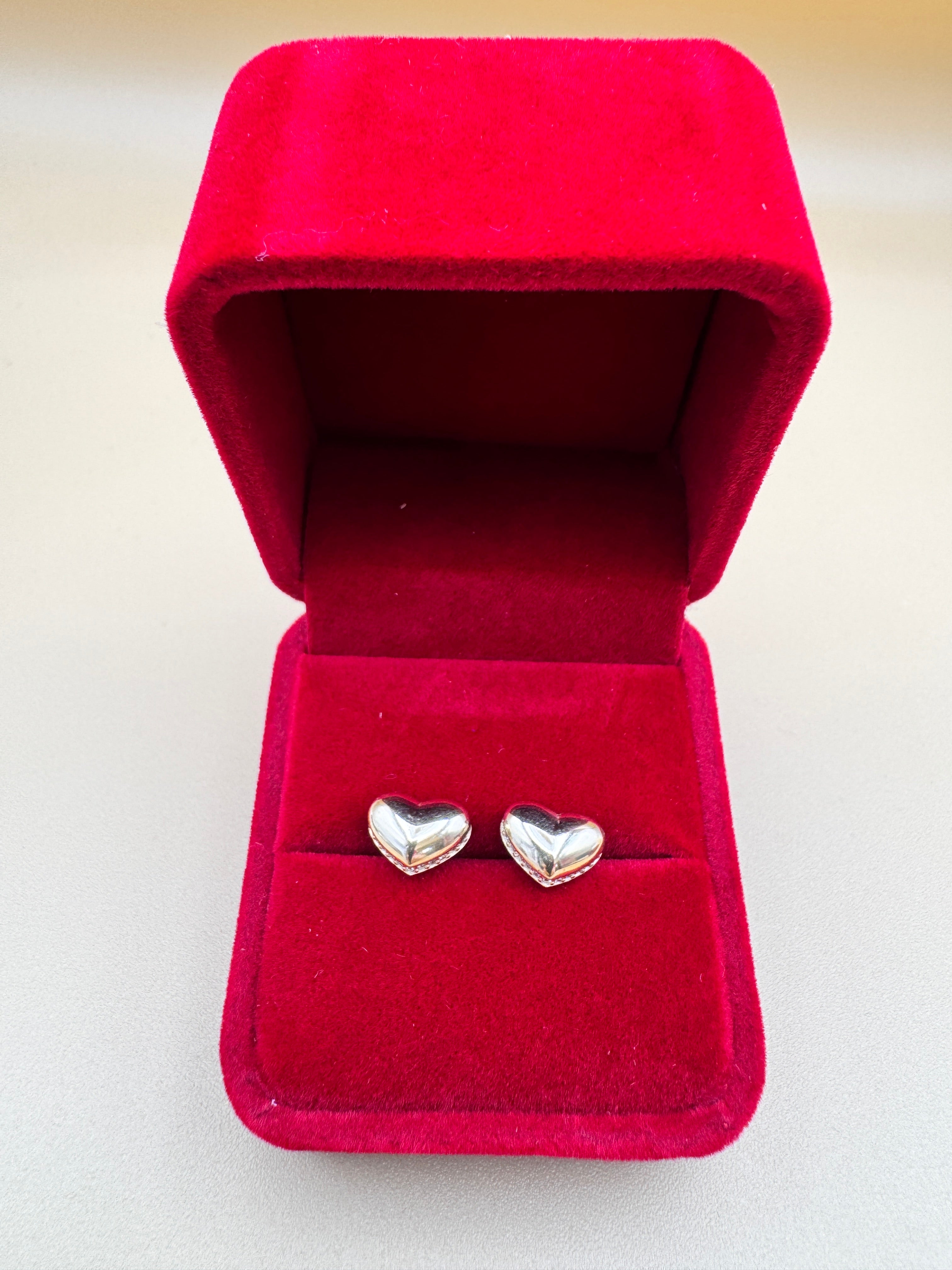 14k Gold Heart Stud Earrings Puffy Heart CZ Accent Earrings Vintage Style Love Earrings
