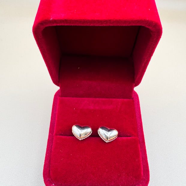 14k Gold Heart Stud Earrings Puffy Heart CZ Accent Earrings Vintage Style Love Earrings