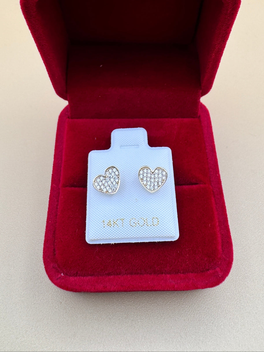 14K Gold CZ Heart Earrings – Pavé Style Cubic Zirconia, Dainty Studs, Diamond Look