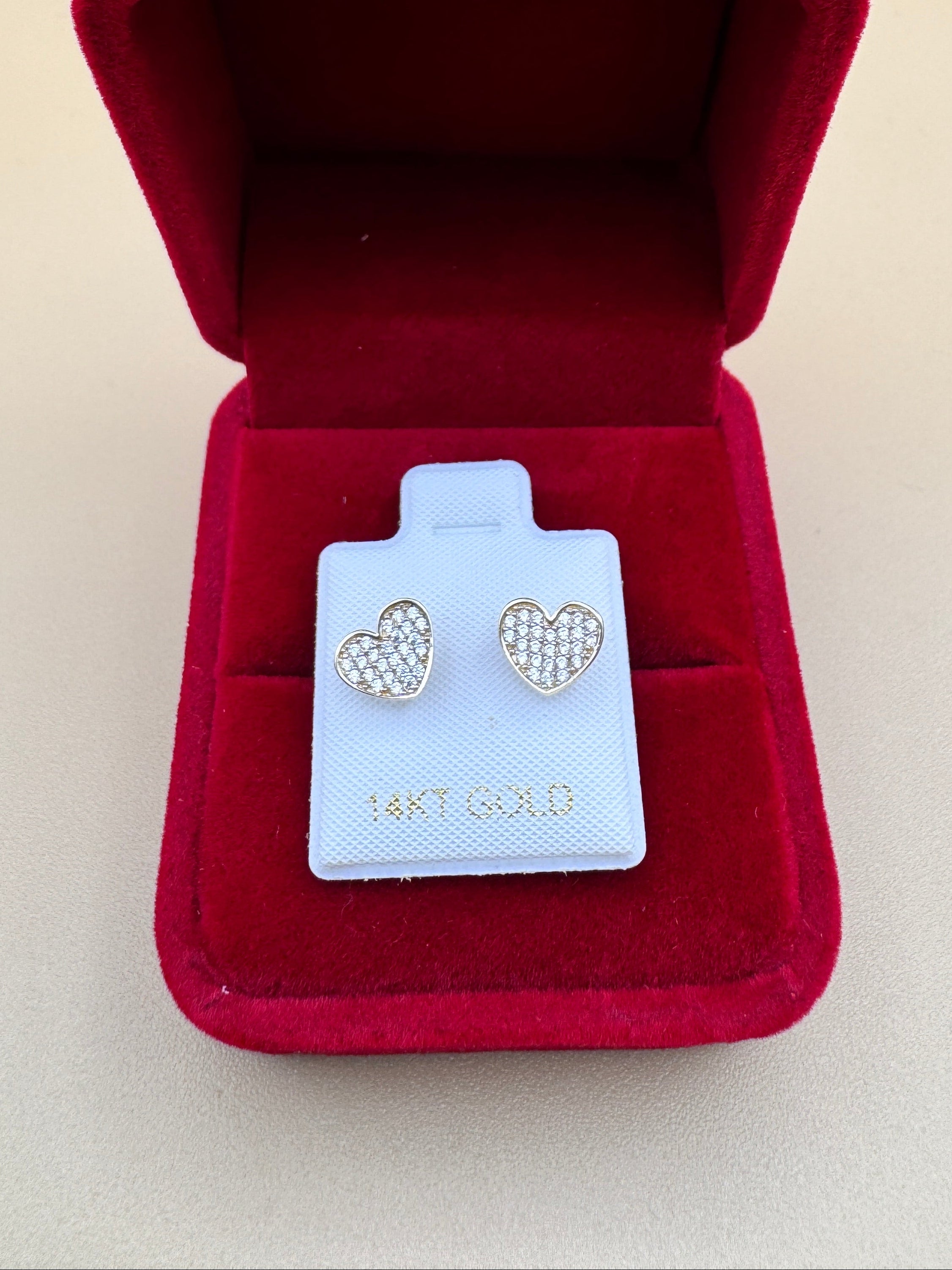 14K Gold CZ Heart Earrings – Pavé Style Cubic Zirconia, Dainty Studs, Diamond Look