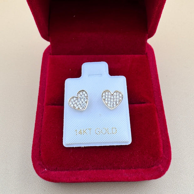 14K Gold CZ Heart Earrings – Pavé Style Cubic Zirconia, Dainty Studs, Diamond Look