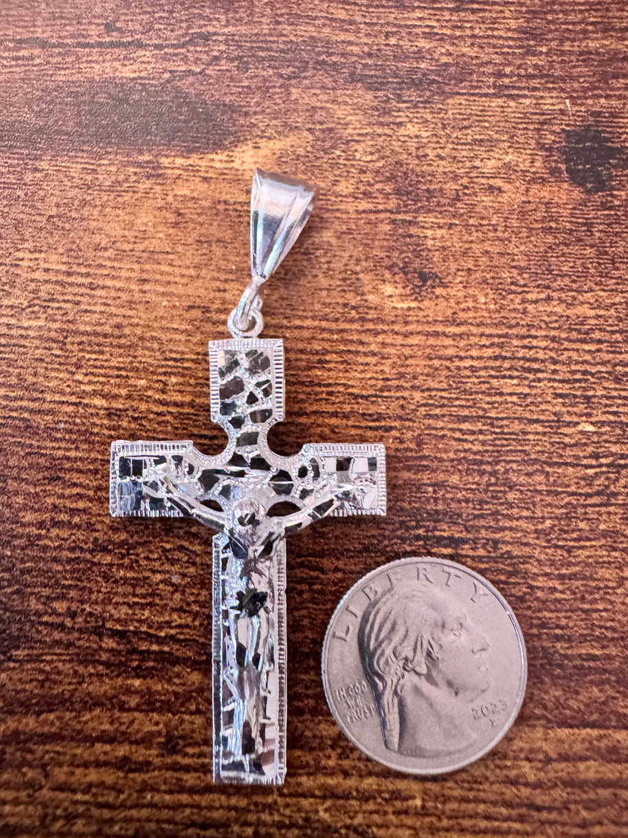 Sterling Silver Nugget Cross Pendant 925 Crucifix Large Jesus Cross