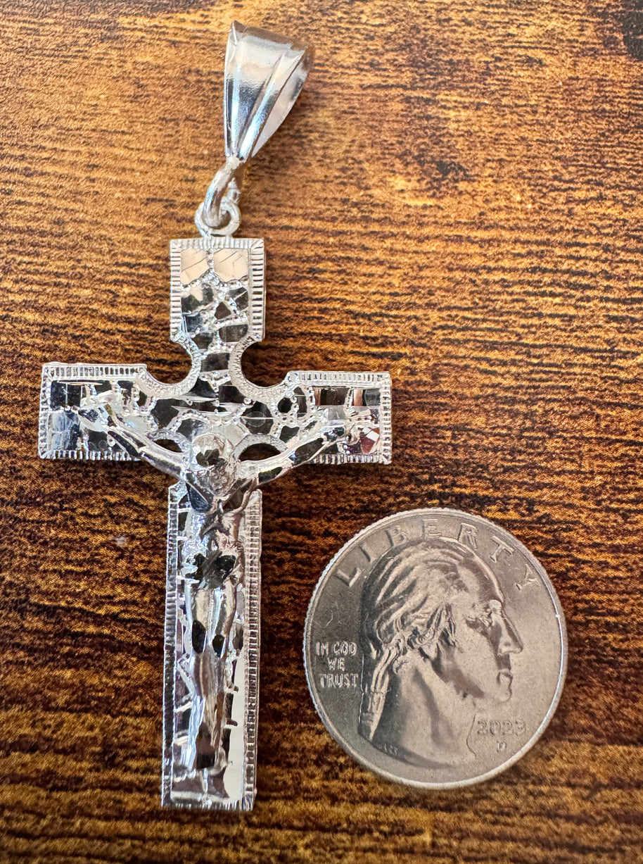 Sterling Silver Nugget Cross Pendant 925 Crucifix Large Jesus Cross