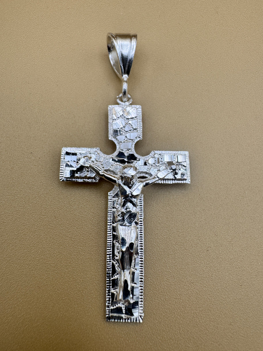 Sterling Silver Nugget Cross Pendant 925 Crucifix Large Jesus Cross