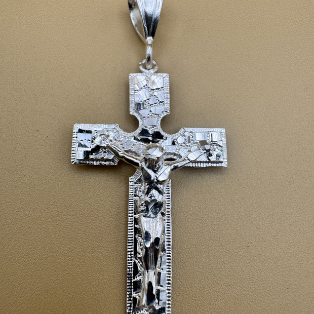 Sterling Silver Nugget Cross Pendant 925 Crucifix Large Jesus Cross