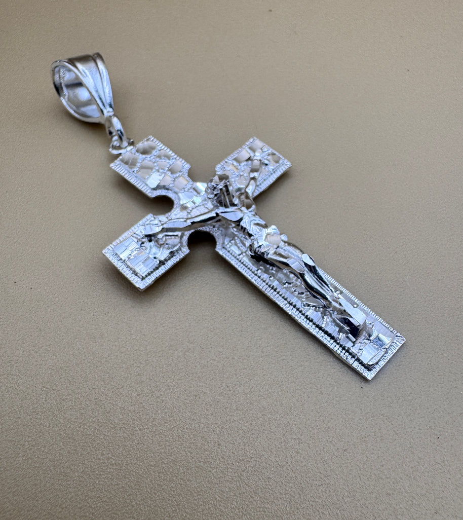 Sterling Silver Nugget Cross Pendant 925 Crucifix Large Jesus Cross