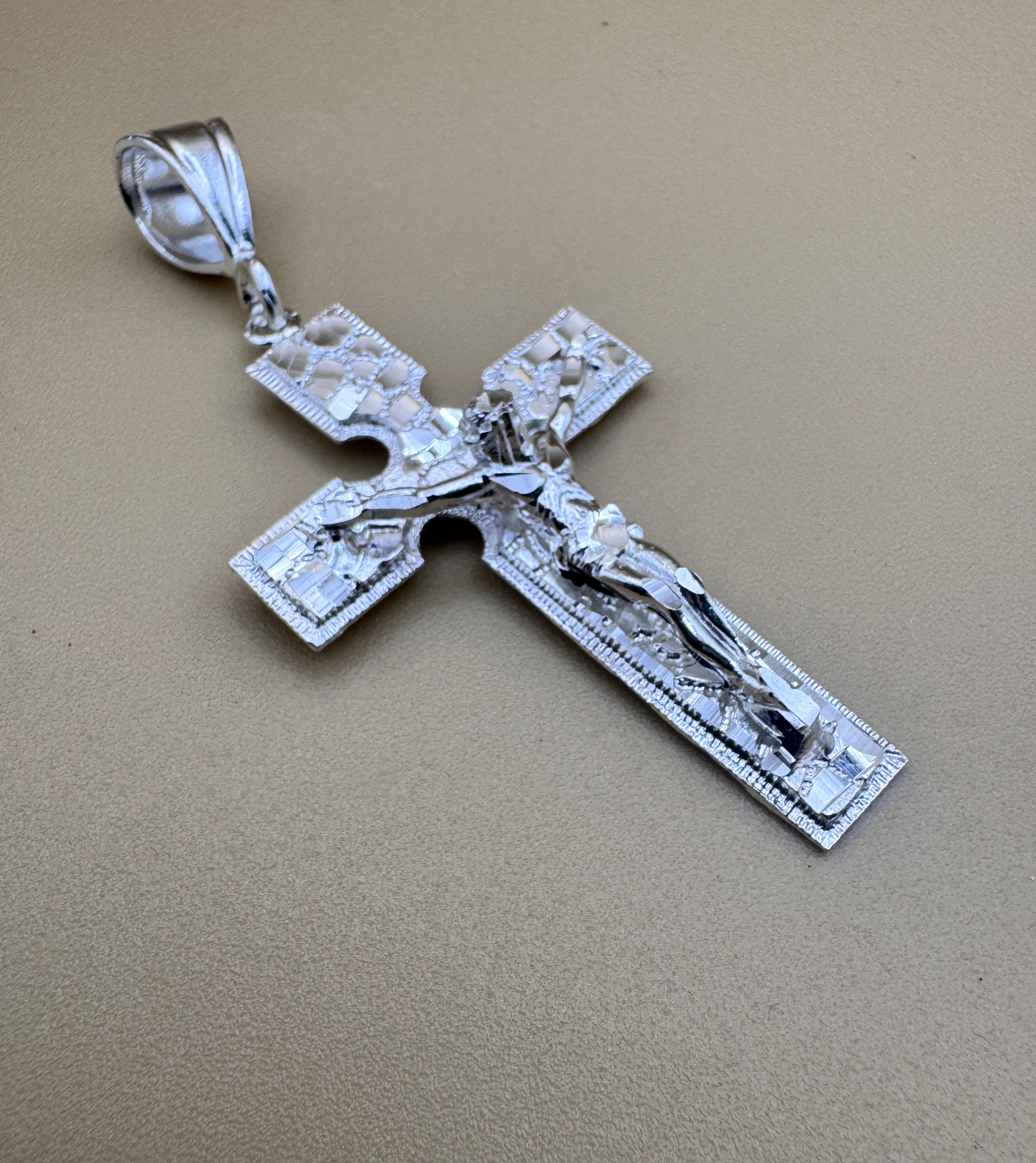 Sterling Silver Nugget Cross Pendant 925 Crucifix Large Jesus Cross