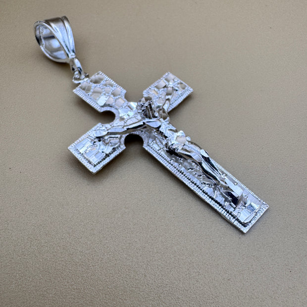 Sterling Silver Nugget Cross Pendant 925 Crucifix Large Jesus Cross