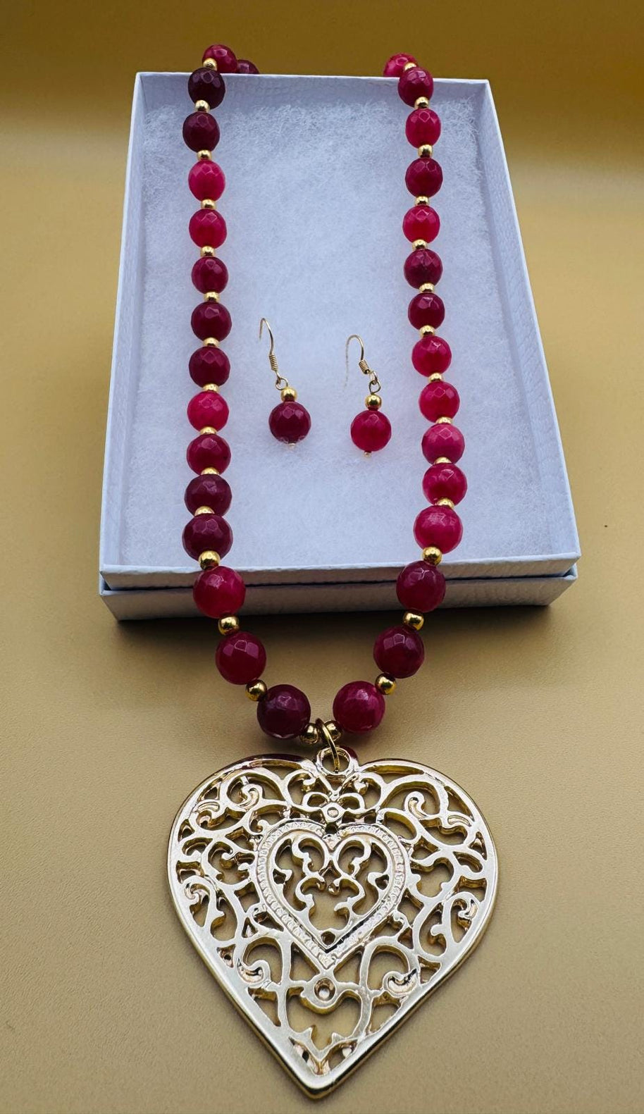 Handmade 14k gold-plated heart necklace from Mexico with natural stones