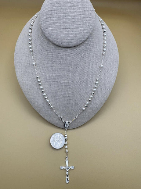 Beautiful Sterling Silver 925 Handmade 13 inch Rosary Perfect Gift (Alternating polished and frosted/textured round silver beads)