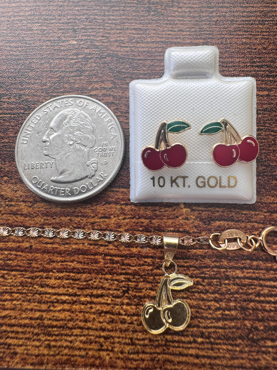 10k Solid Gold Cherry Jewelry Set – Necklace, Pendant &  Stud Earrings (3-piece Combo)