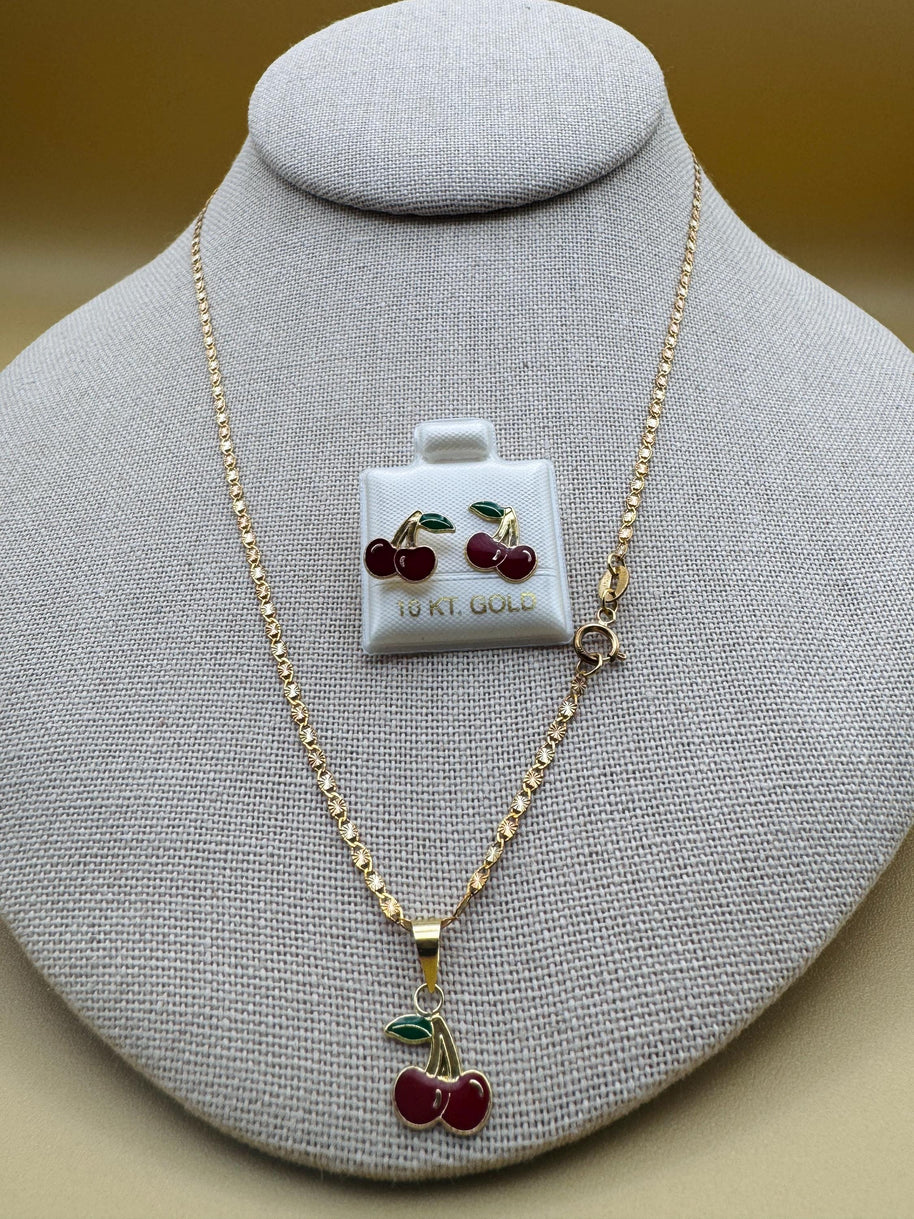 10k Solid Gold Cherry Jewelry Set – Necklace, Pendant &  Stud Earrings (3-piece Combo)