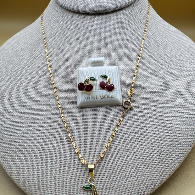 10k Solid Gold Cherry Jewelry Set – Necklace, Pendant &  Stud Earrings (3-piece Combo)