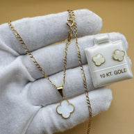 10K Gold White Clover Set – Chain, Pendant, and Earrings