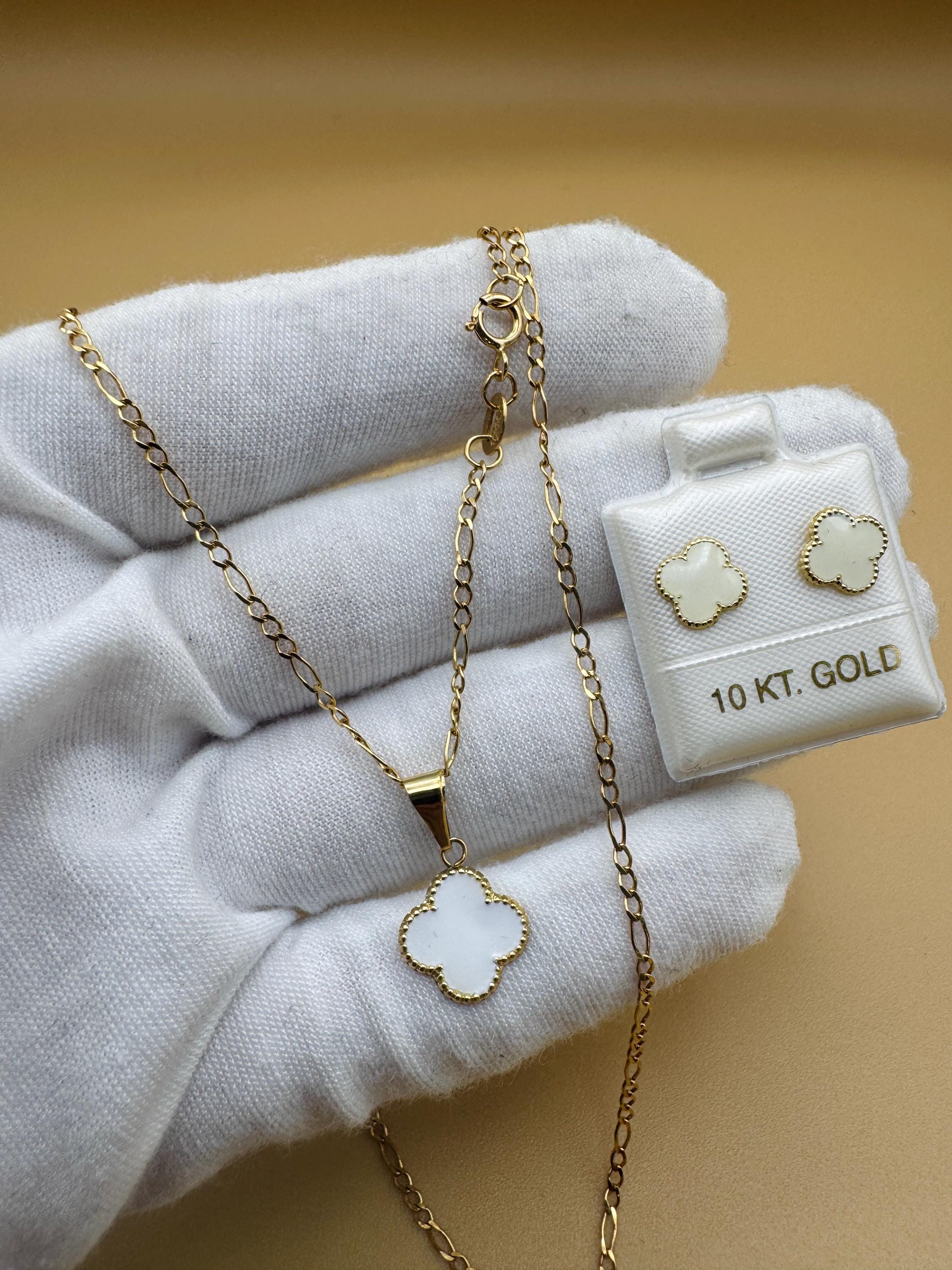 10K Gold White Clover Set – Chain, Pendant, and Earrings