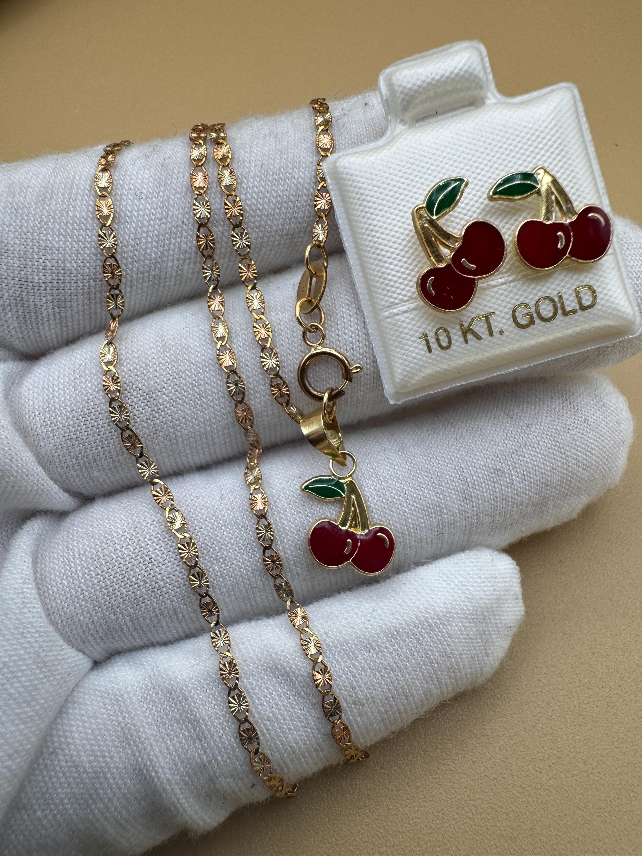 10k Solid Gold Cherry Jewelry Set – Necklace, Pendant &  Stud Earrings (3-piece Combo)
