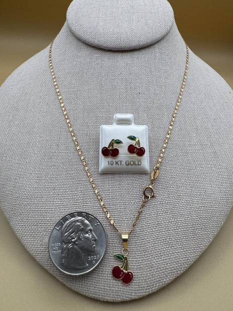 10k Solid Gold Cherry Jewelry Set – Necklace, Pendant &  Stud Earrings (3-piece Combo)